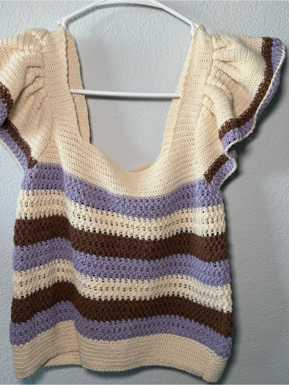 MNG Mango Crochet Knit Striped Ruffle Sleeve Crop Top XS Boho Cottagecore